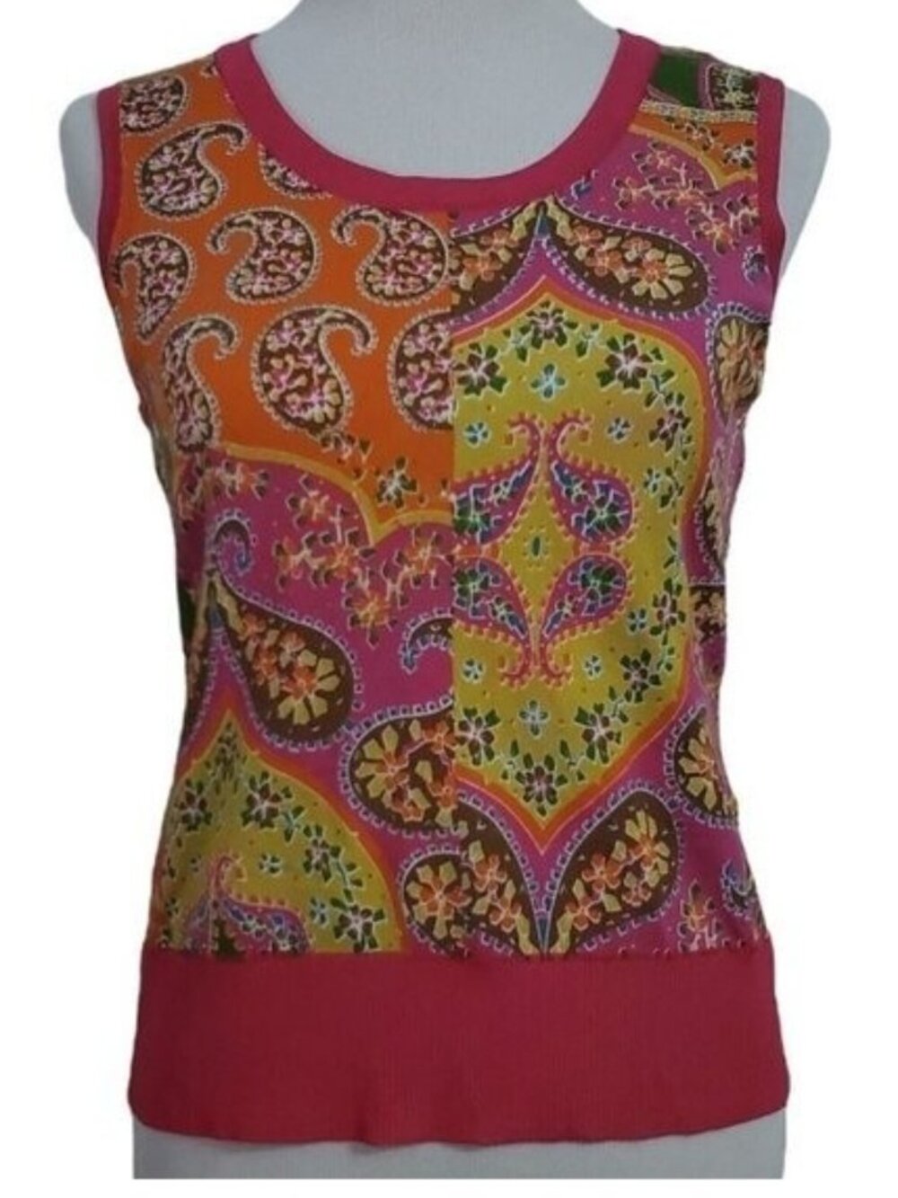 Peter Nygard Womens Sweater Top Medium Petite Sleeveless Paisley Bright Retro